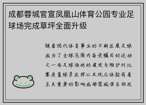 成都蓉城官宣凤凰山体育公园专业足球场完成草坪全面升级