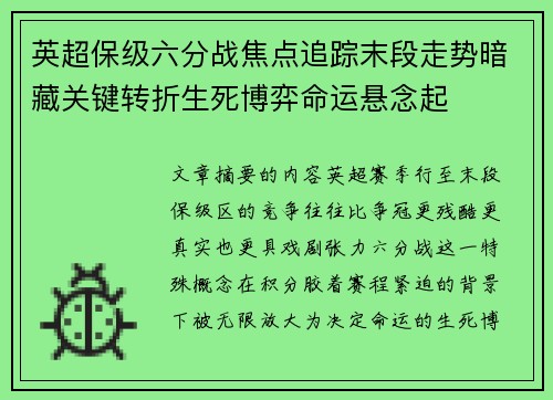 英超保级六分战焦点追踪末段走势暗藏关键转折生死博弈命运悬念起 英超保级六分战焦点追踪末段走势暗藏关键转折生死博弈命运悬念起